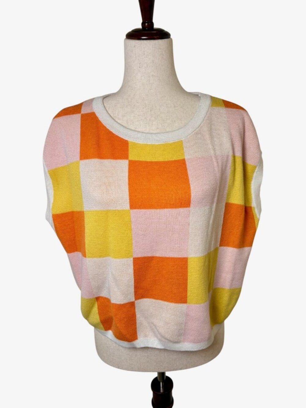 Retro Orange Pink Yellow Checkered Sleeveless Sweater Top Size Medium